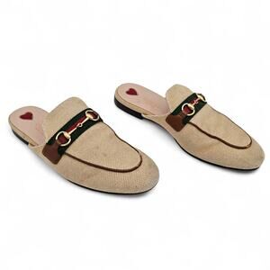 Gucci Princetown Horsebit Flat Mule Slipper Canvas Beige Web Stripe Size 38 US 8